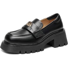 BEAU TODAY Platform Loafers for Women,Leather Chunky Loafers Women,Heel Lug Sole Work Slip-on Business Loafers with Metal Buckle