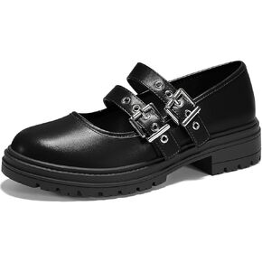 Coutgo Women's Platform Mary Janes Chunky Heel Two Strap Loafers Round Toe Lug Sole Comfortable Casual Shoes