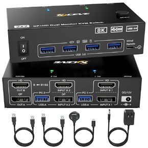 8K KVM Switch 2 Monitors 2 Computers Displayport HDMI, Dual Monitor USB 3.0 DP KVM Switcher Supports 8K@60Hz for 2 Computers Share Keyboard, Mouse and Monitor