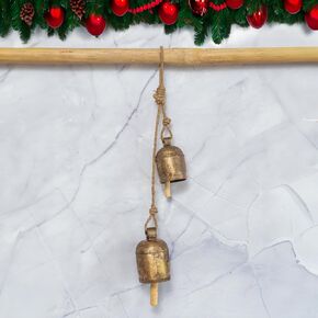 LIMBAD جرس حديدي مصنوع يدويًا للتعليق على شكل نحاس، حبل حائط بلمسة نهائية نحاسية، 5 أجراس للتعليق على الحائط، أجراس ديكور معلقة بطول 29 بوصة - لأكاليل الزهور، في الهواء الطلق، داخلي، عيد الميلاد، ديكورات