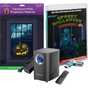 Reaper Brothers Spooky Halloween Digital Decoration Kit Includes 9 AtmosFX Video Effects for Halloween Plus HD Super Bright Projector and 48" x 72" Holographic Projection Screen