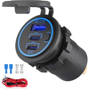 12V USB Outlet, Marine USB Outlet Waterproof Dual USB-C PD 3.0 and Quick Charge 3.0 USB Charging Port 12V/24V with Power Switch for Golf Cart Car RV Boat Marine Truck ATV Motorcycle
