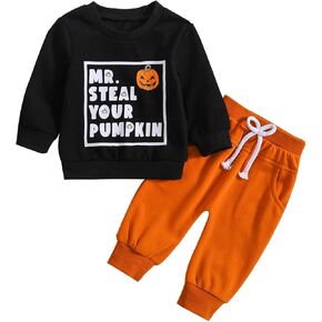 BeQeuewll Toddler Baby Boys Halloween Outfit Boo Letter Print Crewneck Sweatshirt Solid Pants Set Halloween Baby Clothes Fall
