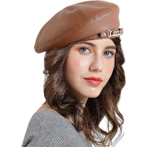 PU Leather Beret Hat for Women, French Artist Hat Solid Color Beanie