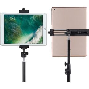 Tablet Holder Stand,Tripod Mount Adapter for iPad and Phone with 360°Ball Head Tablet Clamp Mount with 1/4" Screw Holes, Tablet Holder for Tripod Fits Most Size of Phones and Tablets - Black