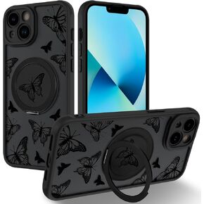 OOK Case for iPhone 16 Pro Max (Compatible with MagSafe) Butterflies Design Translucent Phone Cover with Magnetic Kickstand Soft TPU + Hard PC Anti-Scratch Shockproof Case for Women - Black