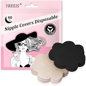 YREEIS 40 Pcs Nipple Covers For Women Hypoallergenic Disposable Adhesive Nipple Pasties No-Show Satin Breast Petals Stickers (Beige/Black)