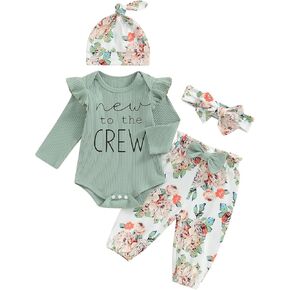 Baby Girl New To The Crew Clothes Ribbed Ruffle Long Sleeve Romper Floral Pants Set Coming Home Hospital Outfit
