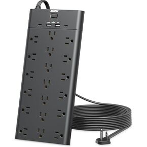 موسع منفذ حماية التيار الكهربائي مع 19 منفذًا و4 منافذ USB (2 USB C)، سلك تمديد بطول 6.5 قدم ومقبس مسطح، 2100 جول، حامل على الحائط للمنزل والمكتب والنوم، أسود