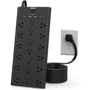 Power Strip Surge Protector Outlet Extender with 19 Outlets and 4 USB Ports (2 USB C), 6.5 Ft Extension Cord & Flat Plug, 2100 Joules, Wall Mount for Home, Office, Dorm, Black