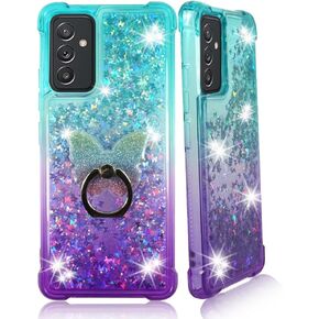 Zase Galaxy A15 5G حافظة هاتف شفافة بريق سائل سباركلي لطيف عائم تصميم فراشات ثلاثية الأبعاد لهاتف Samsung A15 مقاوم للصدمات شلال الرمال المتحركة مع حامل حلقة الهاتف (متدرج أرجواني مائي)