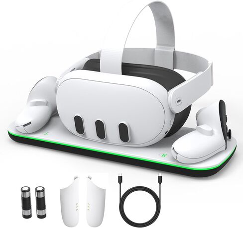 قاعدة شحن متوافقة مع Meta Quest 3، محطة شحن VR متوافقة مع سماعات الرأس وأجهزة التحكم Oculus Quest 3 مع مؤشر LED، وملحقات حامل الشاحن مع بطاريتين قابلتين للشحن in Saudi Arabia