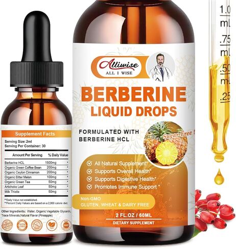 Alliwise Berberine Supplement Liquid Drops with Ceylon Cinnamon, Bitter Melon for Immune System & Digestive System Supports -Premium Berberine 1500mg with Pure Ceylon Cinnamon -2 Fl Oz in Kuwait