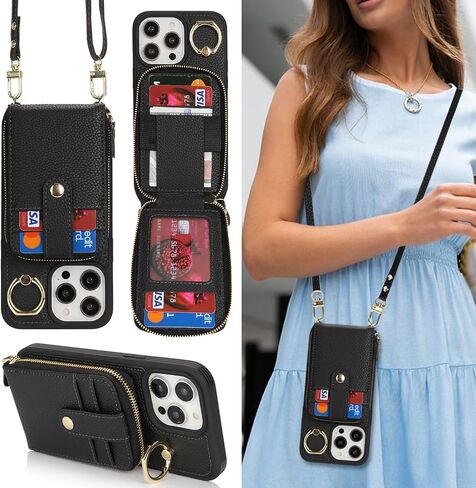 for iPhone 14 Pro Max Case with Card Holder for Women,iPhone 14 Pro Max Crsosbody Case with Strap Lanyard,14 Pro Max Wallet Case,Zipper Stand Ring Phone Case with Coin Pocket-Black in Saudi Arabia