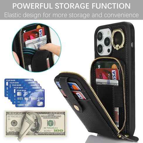 for iPhone 14 Pro Max Case with Card Holder for Women,iPhone 14 Pro Max Crsosbody Case with Strap Lanyard,14 Pro Max Wallet Case,Zipper Stand Ring Phone Case with Coin Pocket-Black in Saudi Arabia