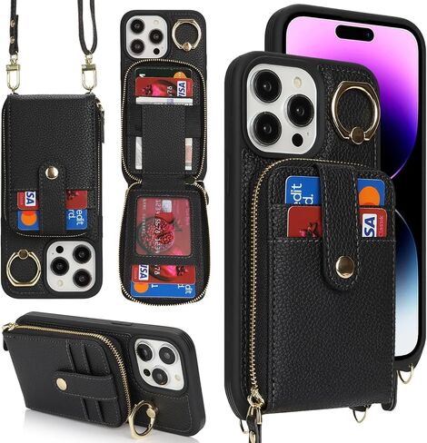 for iPhone 14 Pro Max Case with Card Holder for Women,iPhone 14 Pro Max Crsosbody Case with Strap Lanyard,14 Pro Max Wallet Case,Zipper Stand Ring Phone Case with Coin Pocket-Black in Saudi Arabia