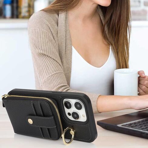 for iPhone 14 Pro Max Case with Card Holder for Women,iPhone 14 Pro Max Crsosbody Case with Strap Lanyard,14 Pro Max Wallet Case,Zipper Stand Ring Phone Case with Coin Pocket-Black in Saudi Arabia