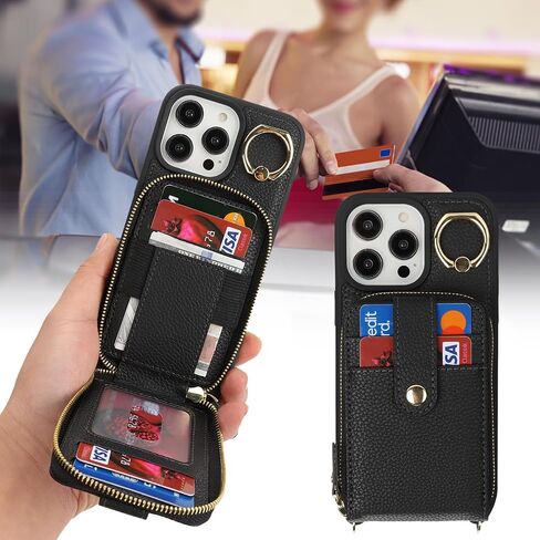 for iPhone 14 Pro Max Case with Card Holder for Women,iPhone 14 Pro Max Crsosbody Case with Strap Lanyard,14 Pro Max Wallet Case,Zipper Stand Ring Phone Case with Coin Pocket-Black in Saudi Arabia