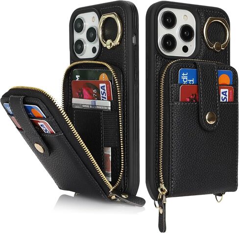 for iPhone 14 Pro Max Case with Card Holder for Women,iPhone 14 Pro Max Crsosbody Case with Strap Lanyard,14 Pro Max Wallet Case,Zipper Stand Ring Phone Case with Coin Pocket-Black in Saudi Arabia