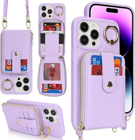 for iPhone 14 Pro Max Case with Card Holder for Women,iPhone 14 Pro Max Crsosbody Case with Strap Lanyard,14 Pro Max Wallet Case,Zipper Stand Ring Phone Case with Coin Pocket-Black in Saudi Arabia