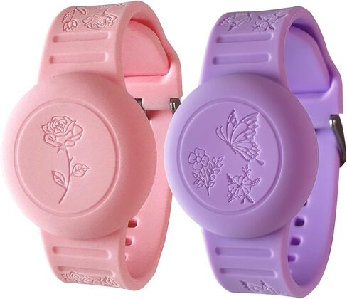 2Pack Waterproof Airtag Bracelets for Kids, Floral Engraved AirTag Wristband Compatible with Apple AirTag, Silicone Hidden Air Tag Case Anti-Lost GPS Tracker Holder for Toddler Children in Saudi Arabia