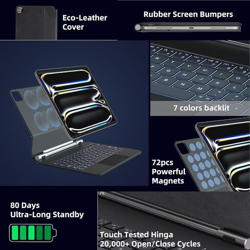 حافظة لوحة مفاتيح لجهاز iPad Air 11 بوصة (M2) 2024 وiPad Pro 11 بوصة (الجيل الرابع/الثالث/الجيل الثاني/الأول)، لوحة مفاتيح سحرية لجهاز Air 5th/4th Gen، لوحة تتبع متعددة اللمس، 7 ألوان خلفية سوداء in Kuwait