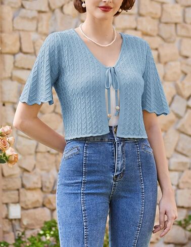 Belle Poque Women's Tie Front 1/2 Sleeve Bolero Shrug Sweaters Summer Lightweight Open Front Knit Cropped Cardigan Top in Saudi Arabia