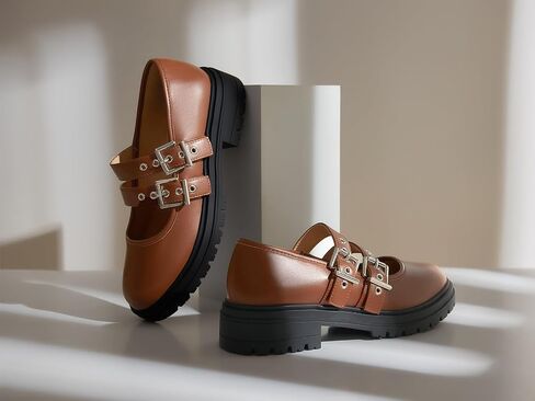 Coutgo Women's Platform Mary Janes Chunky Heel Two Strap Loafers Round Toe Lug Sole Comfortable Casual Shoes in Saudi Arabia