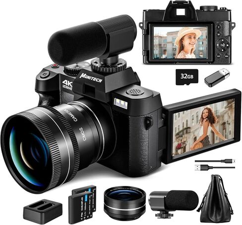 كاميرات Mo الرقمية للتصوير الفوتوغرافي والفيديو بدقة 4K، كاميرا تسجيل فيديو بدقة 48 ميجابكسل لليوتيوب مع شاشة قلاب 180 درجة، تكبير رقمي 16X، فلاش وتركيز تلقائي، زاوية واسعة 52 مم وعدسة ماكرو، بطاريتان، بطاقة SD سعة 32 جيجابايت (أسود) in Saudi Arabia