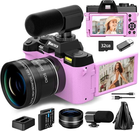 كاميرات Mo الرقمية للتصوير الفوتوغرافي والفيديو بدقة 4K، كاميرا تسجيل فيديو بدقة 48 ميجابكسل لليوتيوب مع شاشة قلاب 180 درجة، تكبير رقمي 16X، فلاش وتركيز تلقائي، زاوية واسعة 52 مم وعدسة ماكرو، بطاريتان، بطاقة SD سعة 32 جيجابايت (أسود) in Saudi Arabia