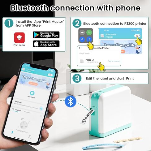 آلة صنع الملصقات Vixic P3200 مع أشرطة، ملصق محمول لاسلكي يعمل بالبلوتوث، طابعة ملصقات مع أنواع متعددة من قوالب الرموز للتسمية، لأشرطة 6-12 مم 1/4 بوصة - 1/2 بوصة، للمكتب المدرسي المنزلي in Kuwait