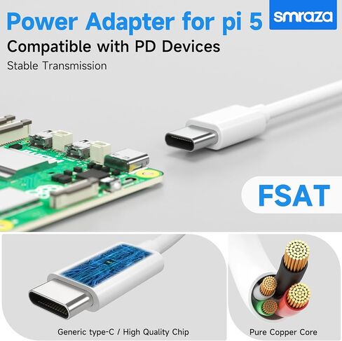 Smraza 27W USB-C مزود طاقة متوافق مع Raspberry Pi 5، محول PD 5.1V 5A محول طاقة من النوع C لـ Raspberry Pi 5 Model B 8GB/4GB (أسود) in Kuwait