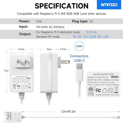 Smraza 27W USB-C مزود طاقة متوافق مع Raspberry Pi 5، محول PD 5.1V 5A محول طاقة من النوع C لـ Raspberry Pi 5 Model B 8GB/4GB (أسود) in Kuwait