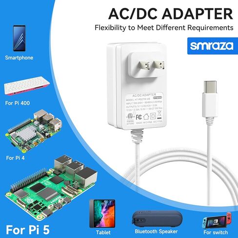 Smraza 27W USB-C مزود طاقة متوافق مع Raspberry Pi 5، محول PD 5.1V 5A محول طاقة من النوع C لـ Raspberry Pi 5 Model B 8GB/4GB (أسود) in Kuwait