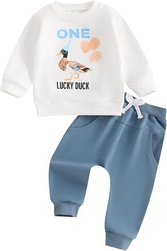 مجموعة ملابس عيد الميلاد الأولى للأطفال الصغار من Pudcoco، سويت شيرت واحد من Lucky Duck Mallard وسراويل الركض in Kuwait