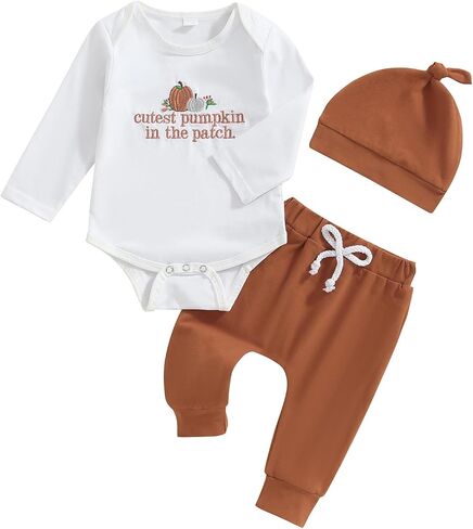 Honganda Newborn Baby Boy Girl Halloween Outfit Cutest Pumpkin in the Patch Bodysuit Romper Long Pants Fall Clothes with Hat in Saudi Arabia