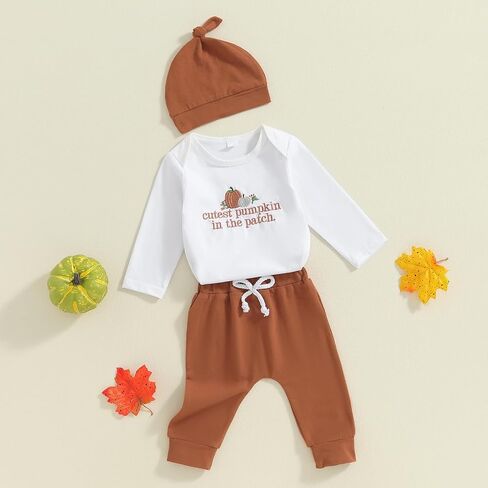Honganda Newborn Baby Boy Girl Halloween Outfit Cutest Pumpkin in the Patch Bodysuit Romper Long Pants Fall Clothes with Hat in Saudi Arabia
