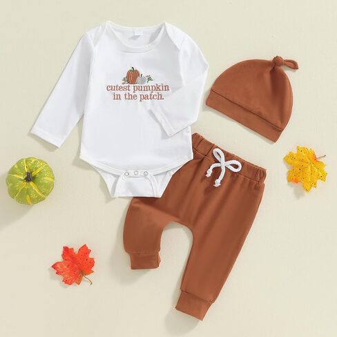 Honganda Newborn Baby Boy Girl Halloween Outfit Cutest Pumpkin in the Patch Bodysuit Romper Long Pants Fall Clothes with Hat in Saudi Arabia