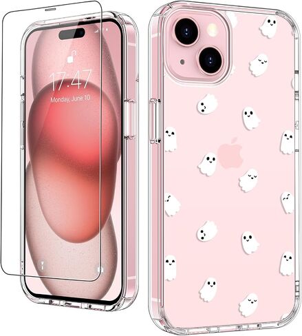 حافظة LUHOURI لهاتف iPhone 15 مع واقي شاشة - غطاء متين شفاف للغاية - تصميمات عصرية للنساء والفتيات - حافظة هاتف واقية مقاومة للصدمات مقاس 6.1 بوصة، أشباح صغيرة in Saudi Arabia