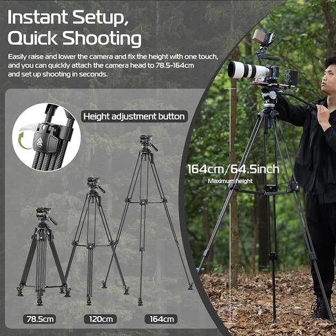 ULANZI VideoFast Heavy Duty Tripod Kit Aluminum Alloy, 64.5" TT48 Professional Camera Tripod with Damping Fluid Head, 6-Step 360° Pan & Tilt Damping for Camcorder, 1/4" Arri Lock Adapter, QR Plate in Saudi Arabia