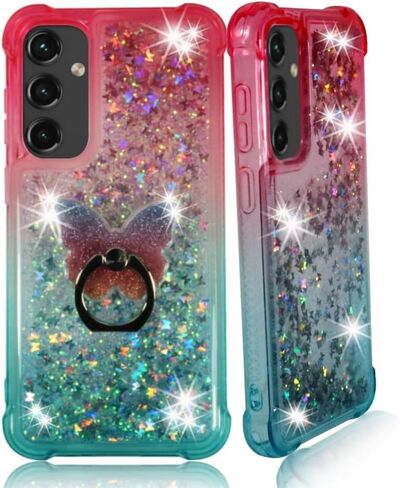 Zase Galaxy A15 5G Clear Phone Case Liquid Glitter Sparkly Cute Floating 3D Butterflies Bling Design for Samsung A15 Shockproof Waterfall Quicksand w/Phone Ring Holder (Gradient Aqua Purple) in Saudi Arabia