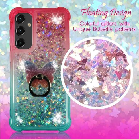 Zase Galaxy A15 5G Clear Phone Case Liquid Glitter Sparkly Cute Floating 3D Butterflies Bling Design for Samsung A15 Shockproof Waterfall Quicksand w/Phone Ring Holder (Gradient Aqua Purple) in Saudi Arabia