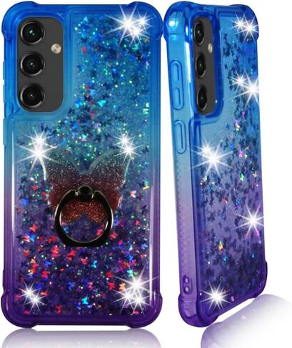 Zase Galaxy A15 5G Clear Phone Case Liquid Glitter Sparkly Cute Floating 3D Butterflies Bling Design for Samsung A15 Shockproof Waterfall Quicksand w/Phone Ring Holder (Gradient Aqua Purple) in Saudi Arabia