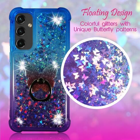 Zase Galaxy A15 5G Clear Phone Case Liquid Glitter Sparkly Cute Floating 3D Butterflies Bling Design for Samsung A15 Shockproof Waterfall Quicksand w/Phone Ring Holder (Gradient Aqua Purple) in Saudi Arabia