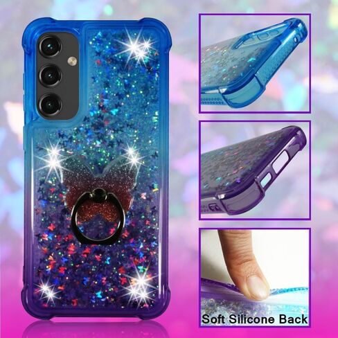 Zase Galaxy A15 5G Clear Phone Case Liquid Glitter Sparkly Cute Floating 3D Butterflies Bling Design for Samsung A15 Shockproof Waterfall Quicksand w/Phone Ring Holder (Gradient Aqua Purple) in Saudi Arabia