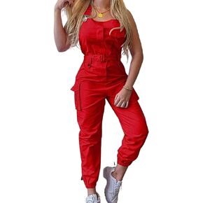Women 's Casual Overalls Romper Solid Color Adjustable Straps Cargo Pants Beam Foot One Piece Jumpsuit with Belt
