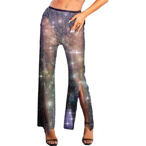 BODIY Sparkly Crystal Mesh Pants for Women See Through Front Split Pants Stretch High Waisted Loose Trousers Disco Party Rave Club Black