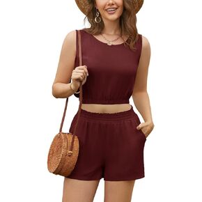 CYCLAMEN 2023 Women's 2 Piece Shorts Set Linen Summer Outfits Sleeveless Crop Top High Waisted Shorts Casual Beach