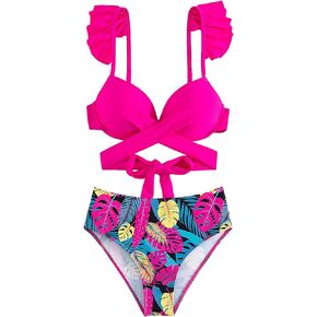 WDIRARA Women's 2 Piece Tropical Print Ruffle Trim Swimwear Set Criss Cross Wrap Front Tie Back Bikini Sets Bathing Suit