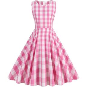 Plaid Dresses for Women Vintage 1950s Gingham Rockabilly Cocktail Party Swing Checkered Retro A-Line Dress